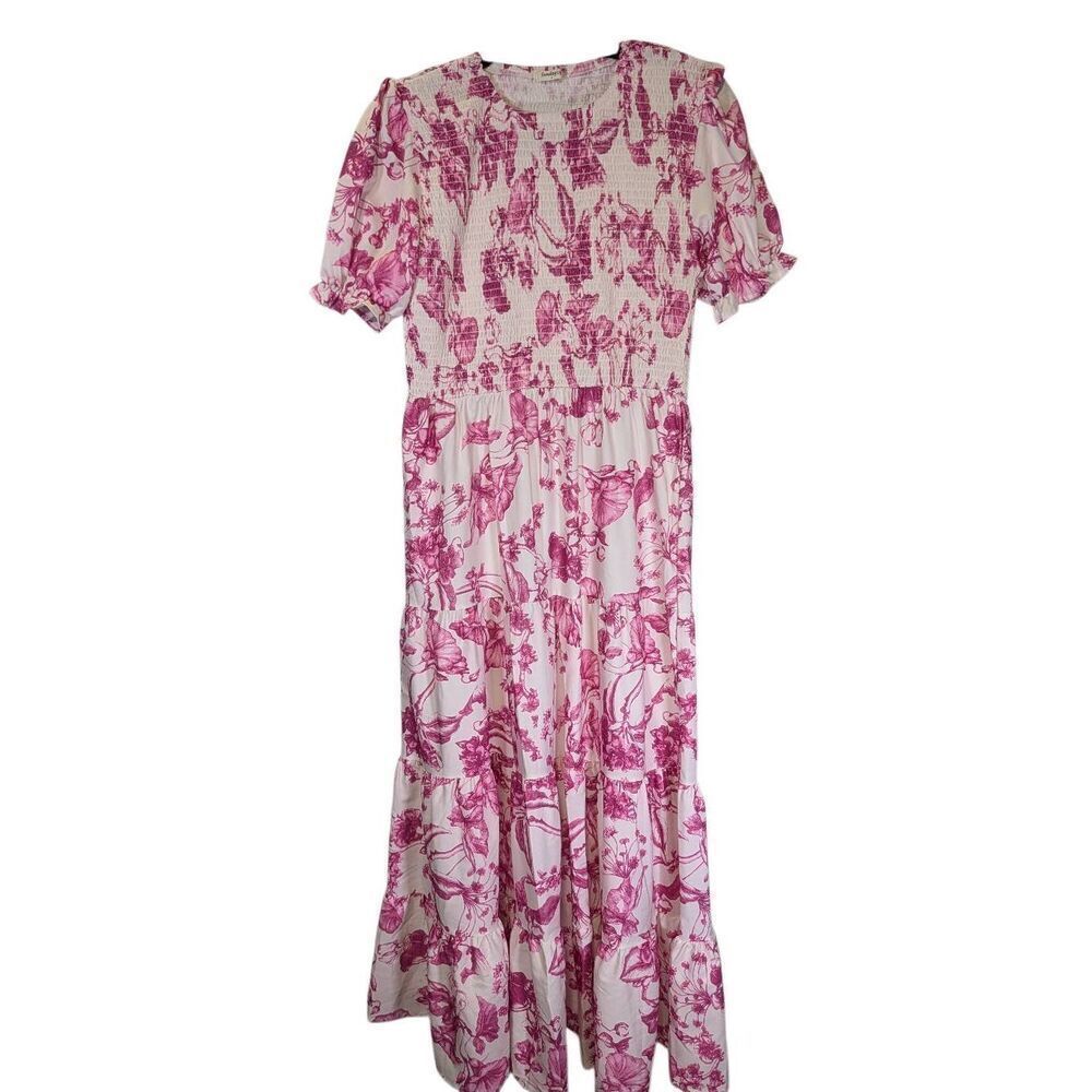 Sunday Up Pink White Floral Prairie Long Dress Women's Large